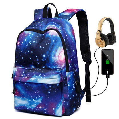 Colorful Space Print Backpack Rechargeable School Bag Traveling Polyester Canvas