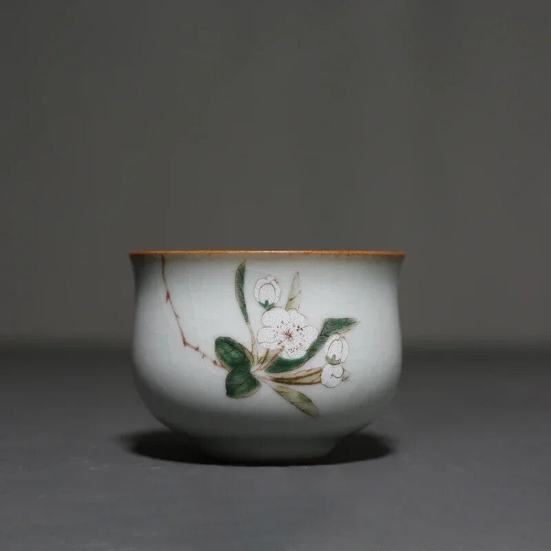 Ru Kiln Ceramic Teacup Travel Portable Hand Painted Flower Tea Bowl Handmade