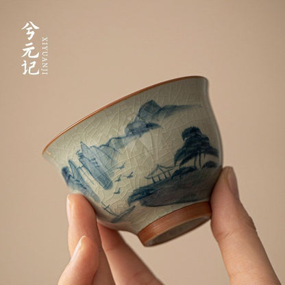 Chinese Ge Kiln Style Tea Cup Crackle Glaze Hand Painted Landscape 106ml