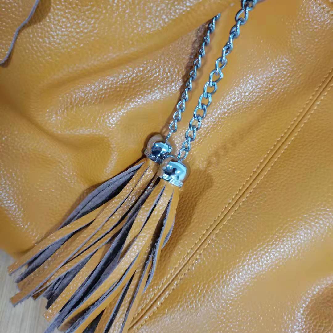 Yellow Blue Tassel Cowhide Leather Handbag Large Soft Leather Tote Shoulder Bag