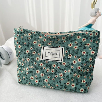 Flowers Print Cosmetic Bag Canvas Washing Bag Large Travel Make Up Storage Bags