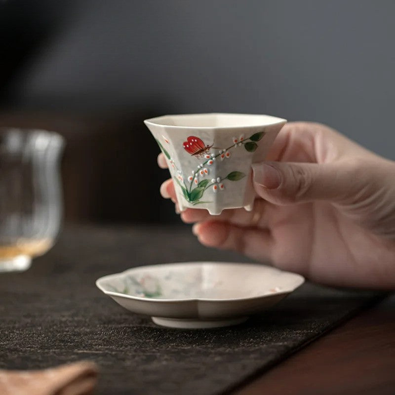 Hand Drawn Orchid Butterfly Octagonal Teacup Tea Bowl Meditation Cup Saucer Kit