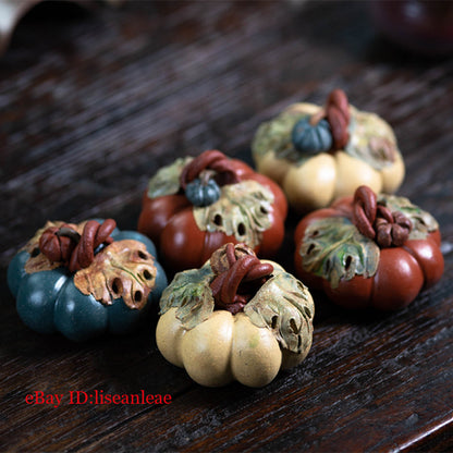 Yixing Purple Sand Tea Pet Pumpkin Handmade Clay Painted Tea Set Sculpture
