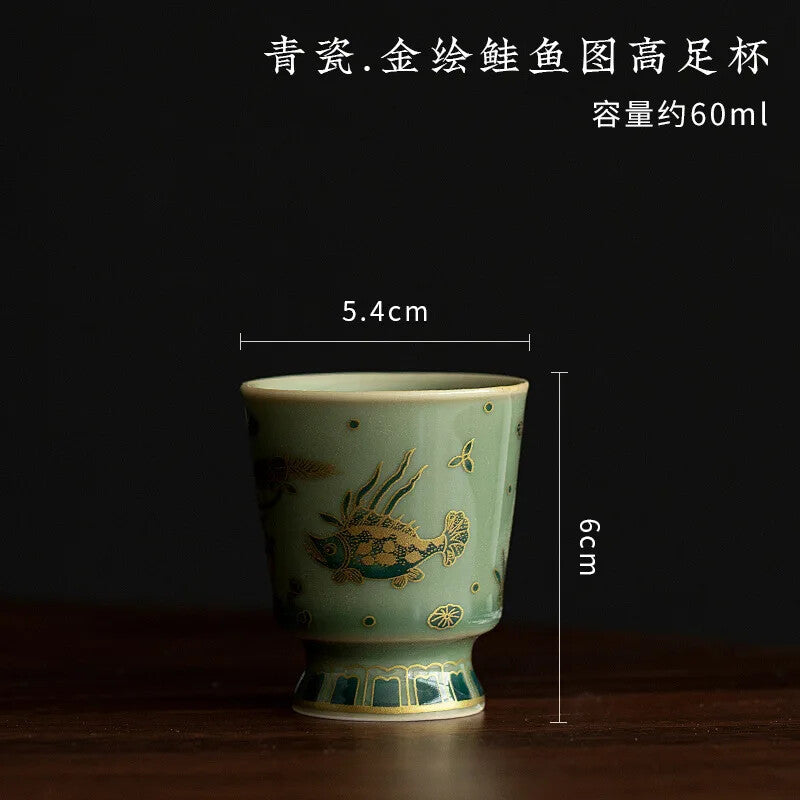 Chinese Style Retro Celadon Covered Bowl Ceramic Tea Bowl Large Tea Cup