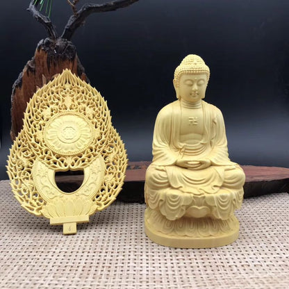 7.08" Boxwood Carvings Sakyamuni Buddha Amitabha Buddhism Decoration Lucky Craft