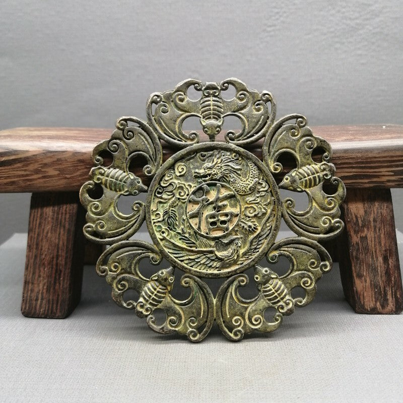 Old Chinese bronze copper handcarved fu word bat Pendant Waist card