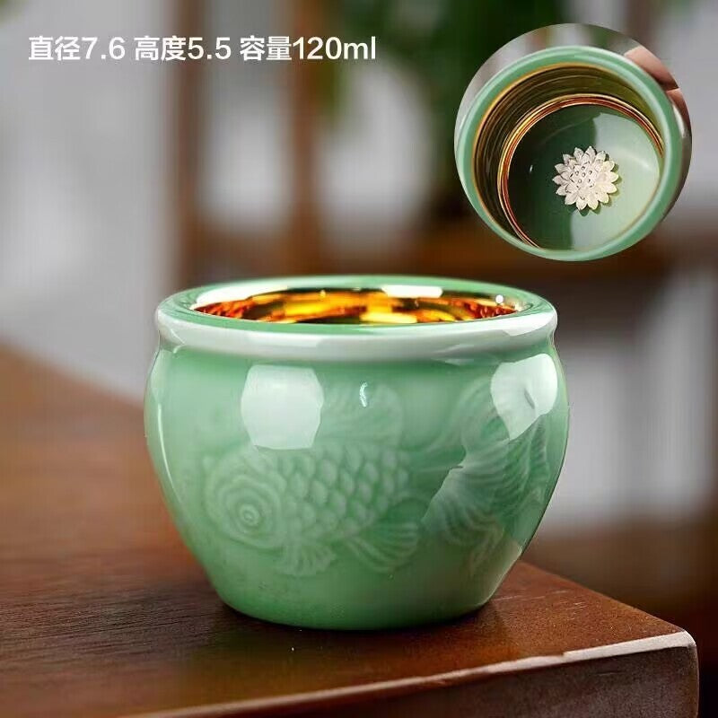 China Longquan Celadon Porcelain Tea Cup Gilding Master Cup Ceramic Fish Carved