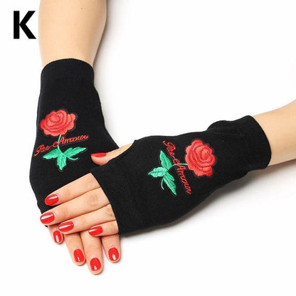 Women Fingerless Gloves Black Colour Half Finger Animals Pattern Rose Embroidery