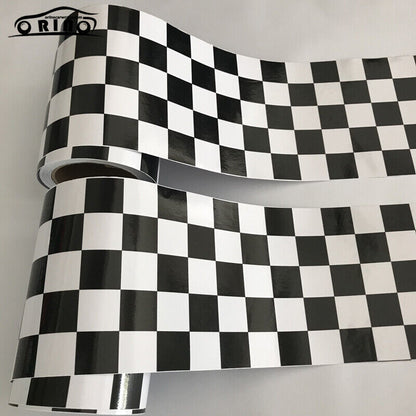 Car Vinyl Film Gloss Black White Checkered Racing Flag Foil Wrap Self Adhesive