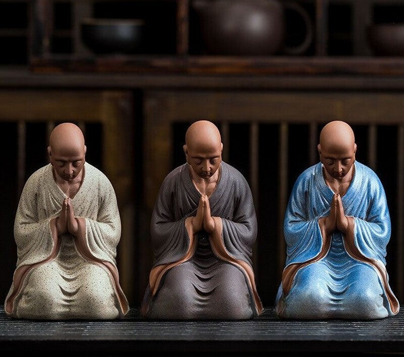 Chinese Zi Sha Clay Praying Monk Statue Kneeling Buddhist Figure Zen Collection