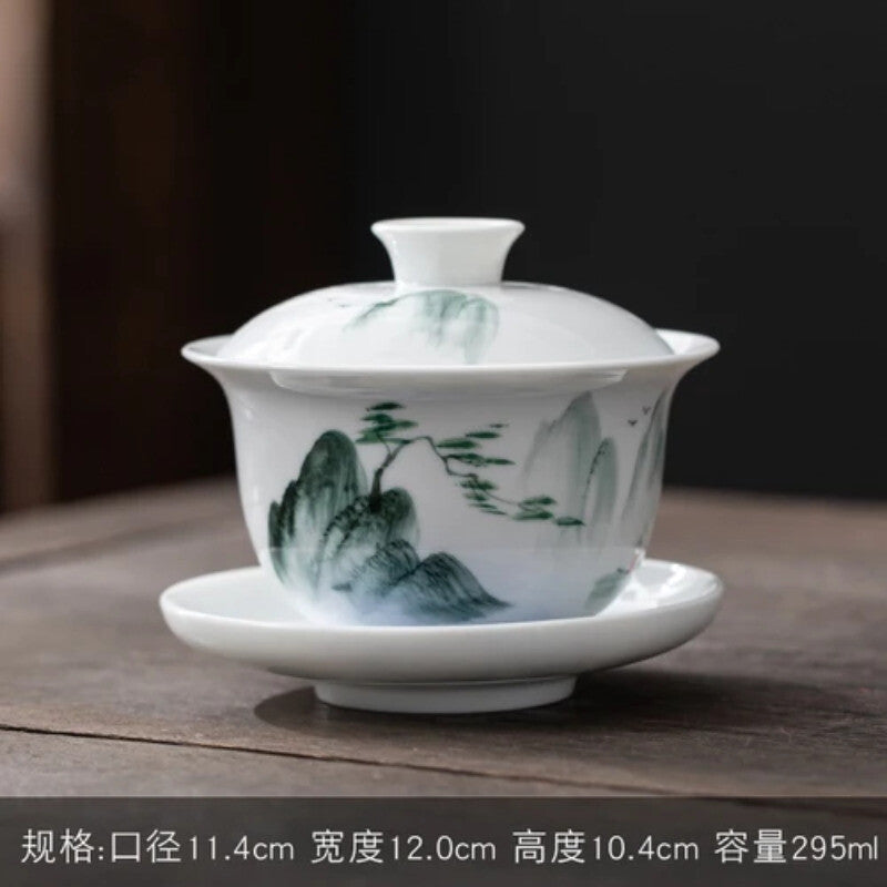 Jingdezhen-Hand Drawn Tea Bowl with Cover, Ceramic Tea Set, White Porcelain