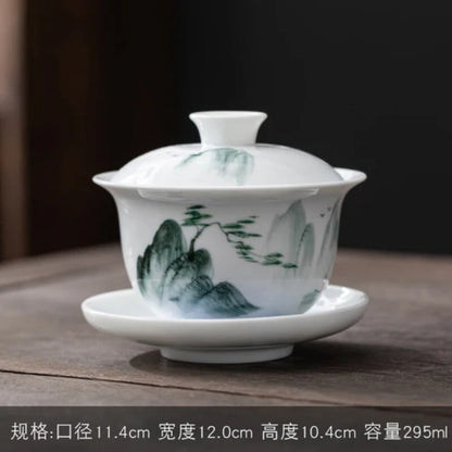 Jingdezhen-Hand Drawn Tea Bowl with Cover, Ceramic Tea Set, White Porcelain