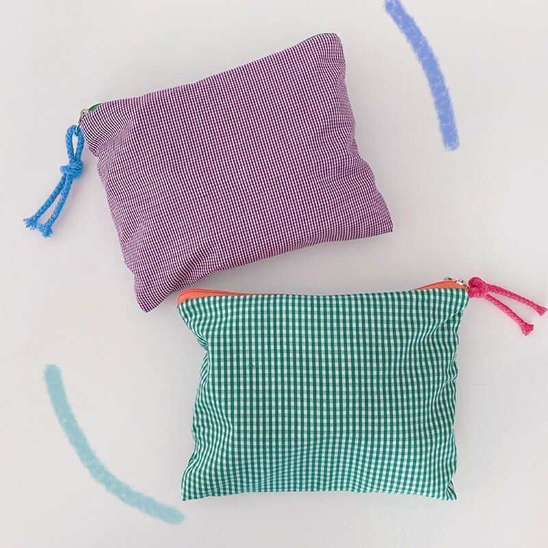 Plaid Makeup Bag Cotton Linen Cosmetic Bag Zipper Pouch Large Storage Bag Purple
