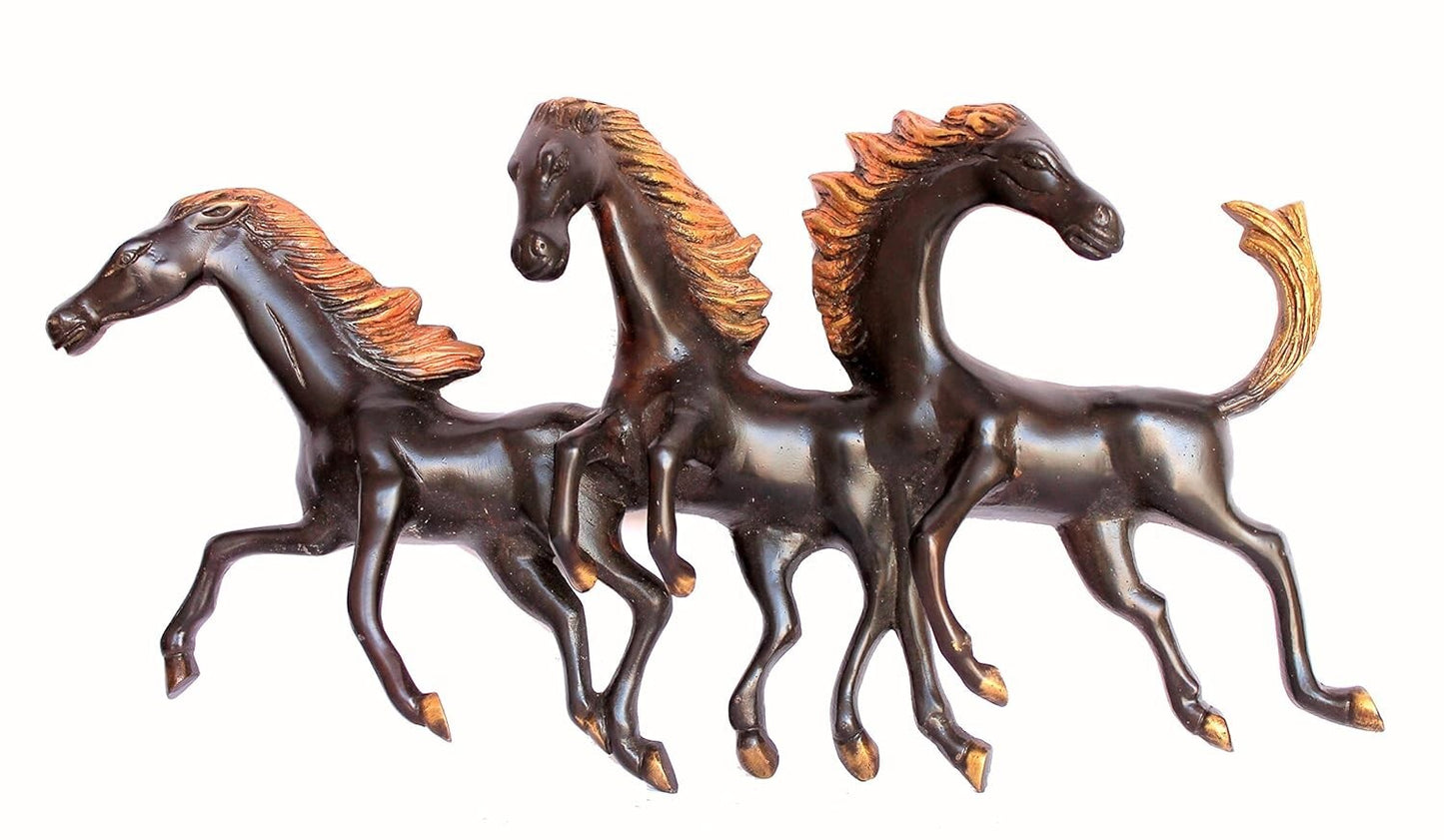 Brass Three Running Horses Sculpture Statue Wall Hanging Showpiece Figurine