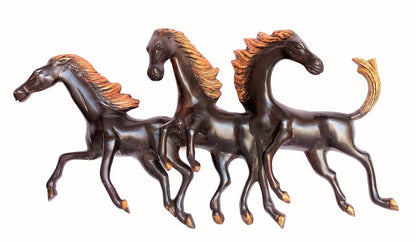 Brass Three Running Horses Sculpture Statue Wall Hanging Showpiece Figurine