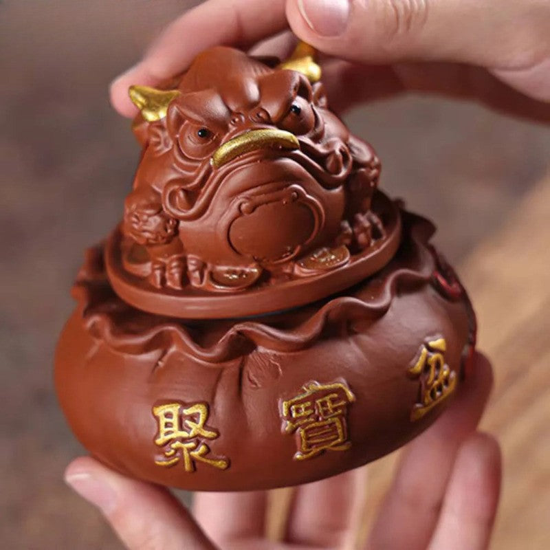 9.3cm Purple Clay Rotating Golden Toad Treasure Basin Tea Pet Handmade Statue