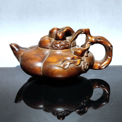 Chinese Wood Carving Deep Relief statue play mahjong Fortune pot wooden gift