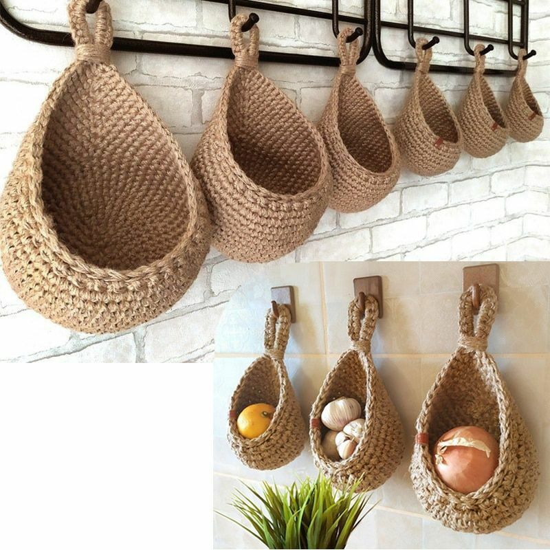 Wall Hanging Vegetable Fruits Storage Baskets Natural Wicker Woven Kitchen Shelf