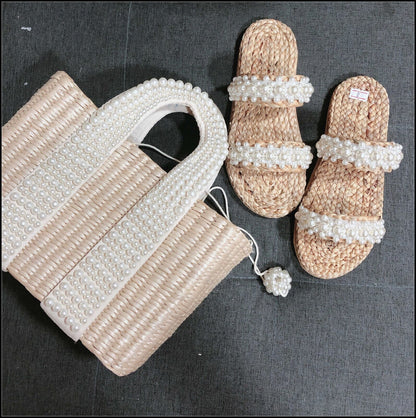 Pearl Straw Bag Fashionable Shoulder Bag Seaside Vacation Handbag Polyester 1 PC
