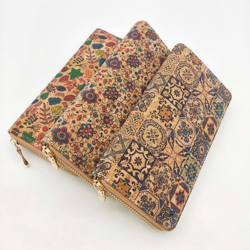 Tile Pattern Print Natural Cork Wallet Leather Long Purse Zipper Card Holder 1PC
