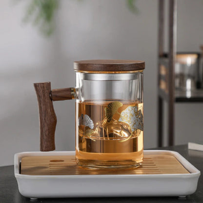 4.92" Wooden Handle Guanshan Cup Household High Borosilicate Glass Filter Teacup