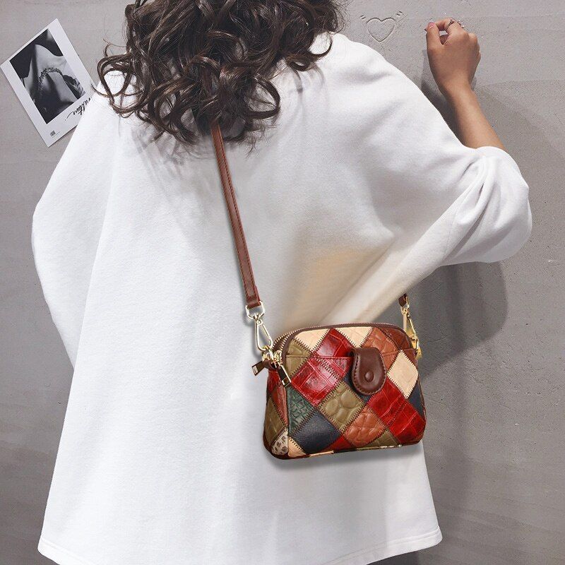 Genuine Leather Shell Bag Fashion Messenger Satchel Side Bags Patchwork Cotton