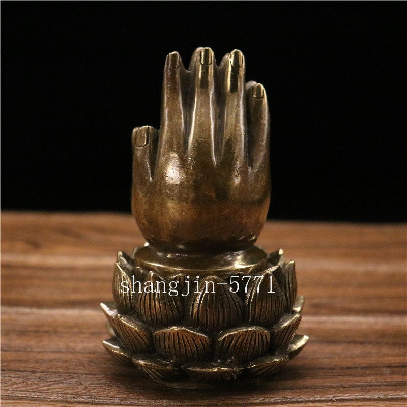 Tibet Bronze Buddhist Lotus Pray Buddha Hand Statue Box Incense Burner Censer