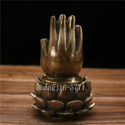 Tibet Bronze Buddhist Lotus Pray Buddha Hand Statue Box Incense Burner Censer