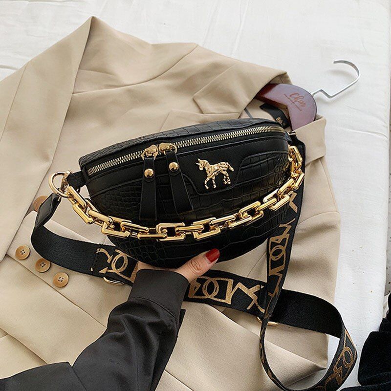 Thick Chain Waist Bag Women Leather Fanny Chest Bag Belt Shoulder Crossbody Bags