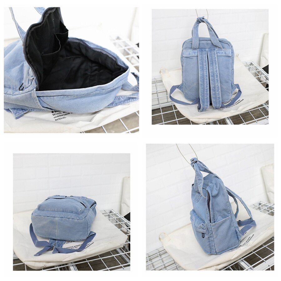 Denim School Bag Backpack High Capacity Traveling Bag 27*35*12 CM Blue Purse 1PC