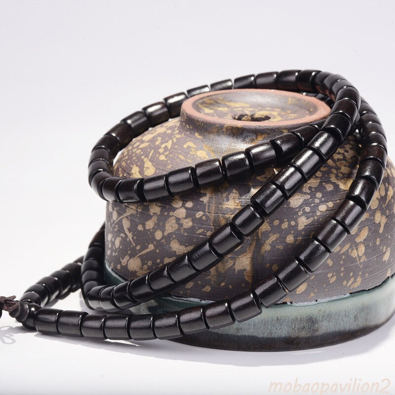 Natural 108 Bead EBONY Barrel Beaded Buddha Multilayer Bracelet Black Charm