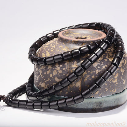 Natural 108 Bead EBONY Barrel Beaded Buddha Multilayer Bracelet Black Charm