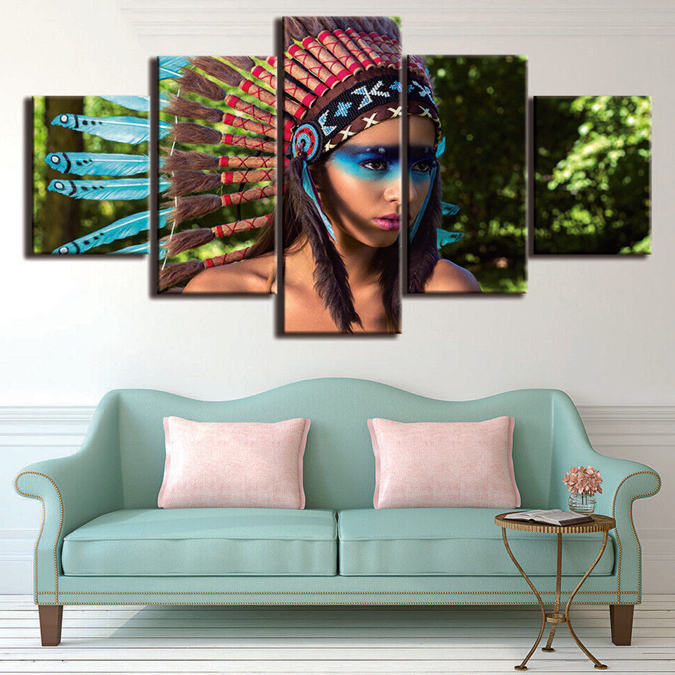 Indians Woman Headdress Feathers Canvas Prints Painting Wall Art Home Decor 5PCS