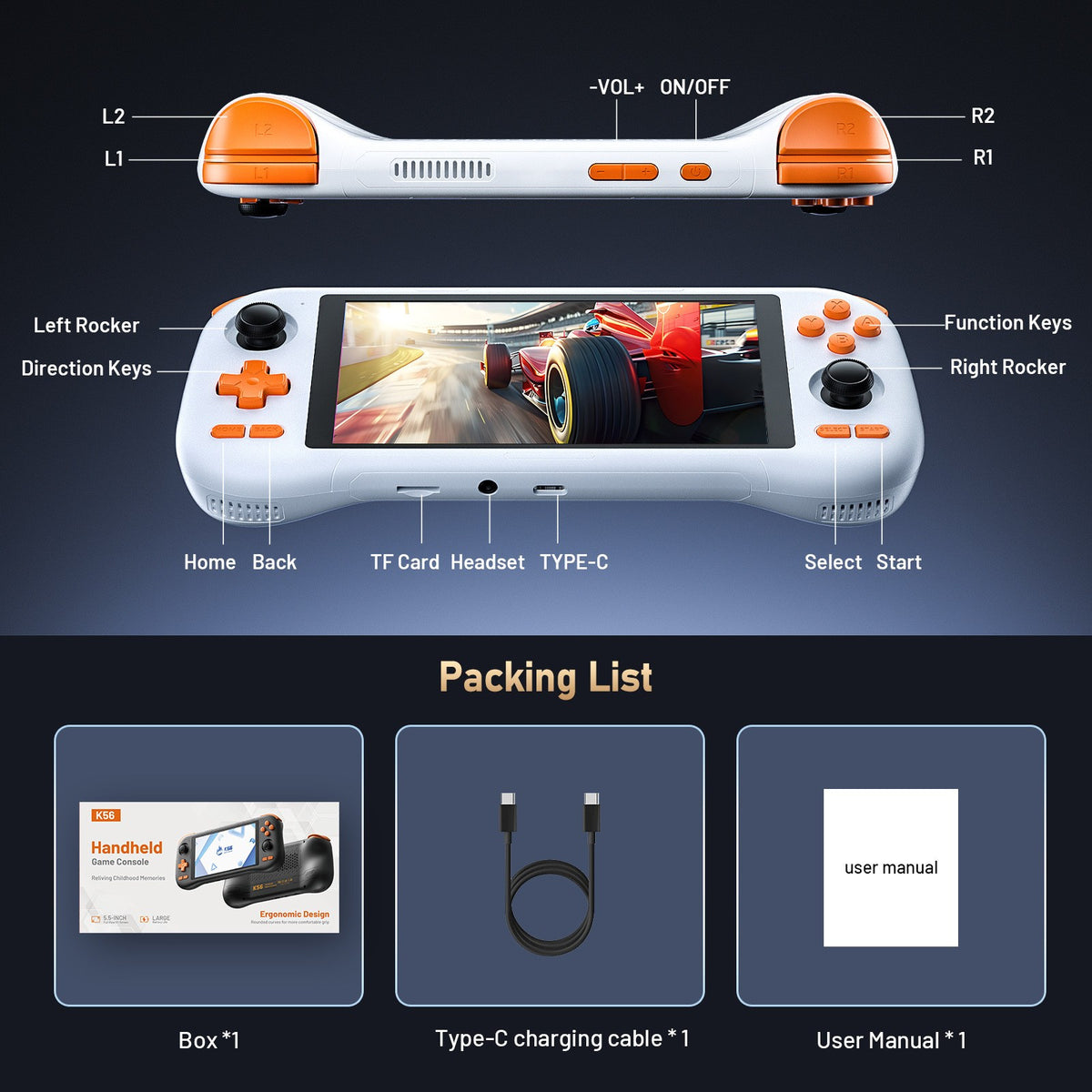 5.5 inches K56 Retro Handheld Gaming Console Android 14 Open Source PSP N64