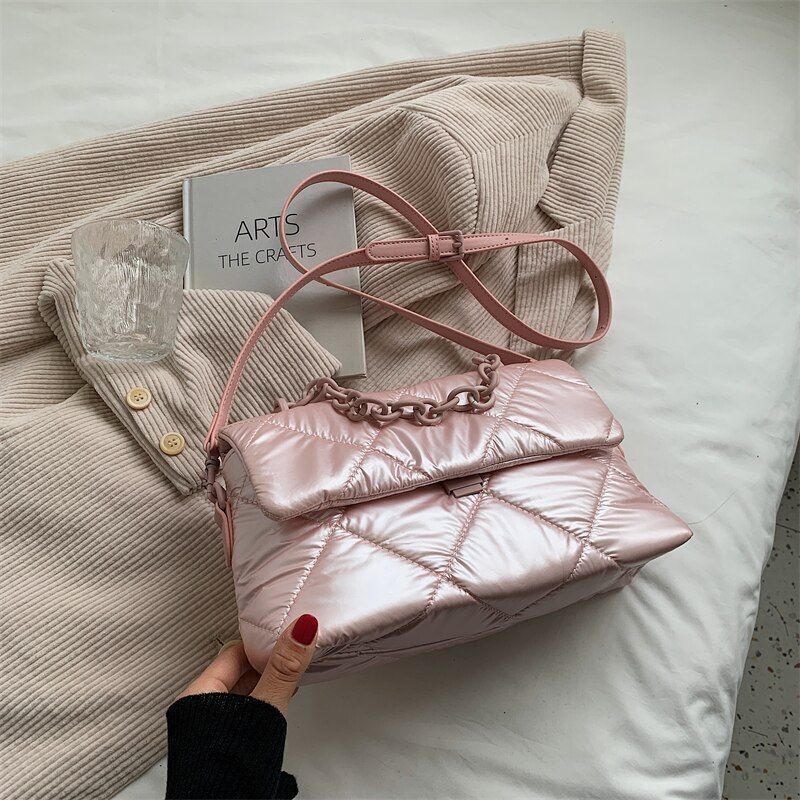 Acrylic Chain Padd Crossbody Bag Handbag Nylon Cotton Shoulder Purse 28*14*10 CM