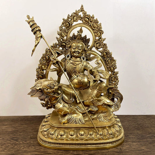 13.4"Xizang Temple Bronze Gilt Vaishravana Treasure King Buddha on Lions Statue