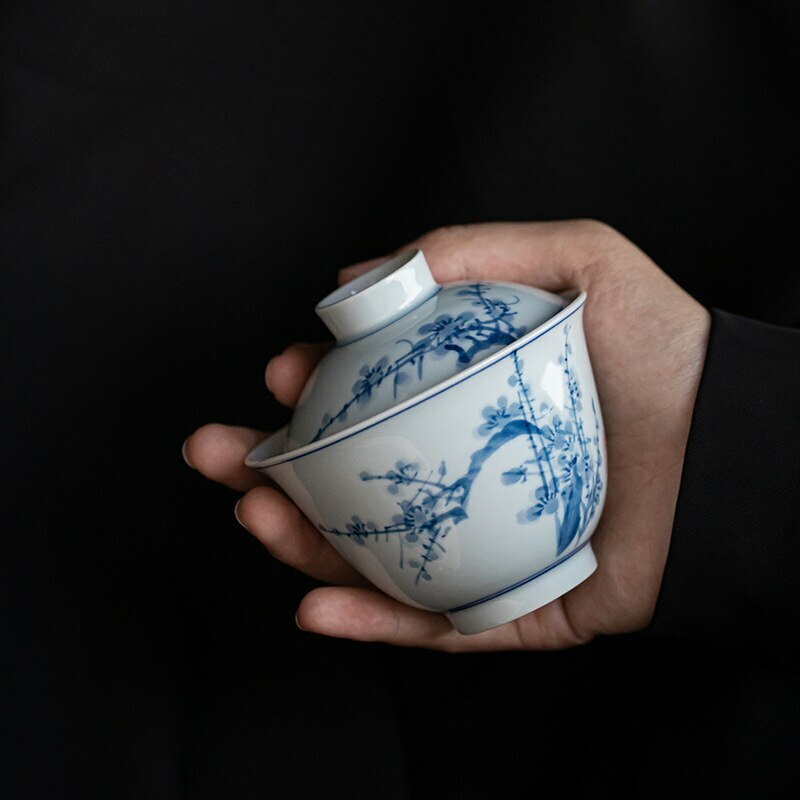 160ml Hand Painted Tureen Blue White Porcelain Gaiwan Cup Bowl Kung Fu Tea Set