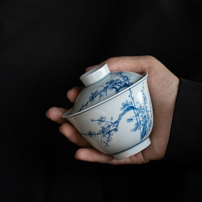 160ml Hand Painted Tureen Blue White Porcelain Gaiwan Cup Bowl Kung Fu Tea Set