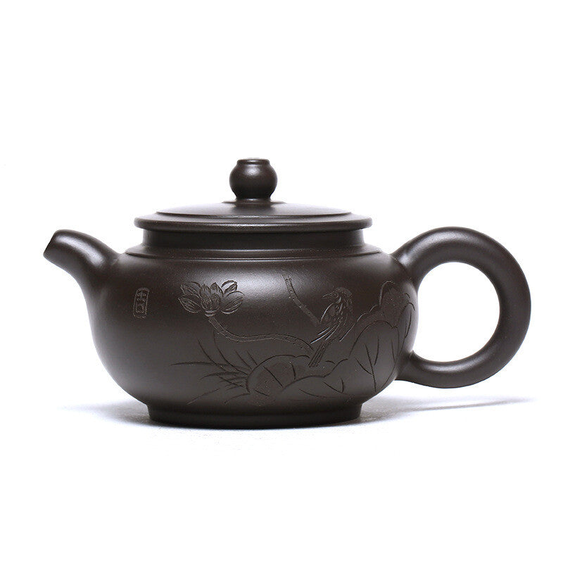 5" Chinese Yixing Zisha Pottery Black Zhu Clay 200ML Lotus Flower Teapot 壶趣