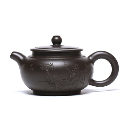 5" Chinese Yixing Zisha Pottery Black Zhu Clay 200ML Lotus Flower Teapot 壶趣