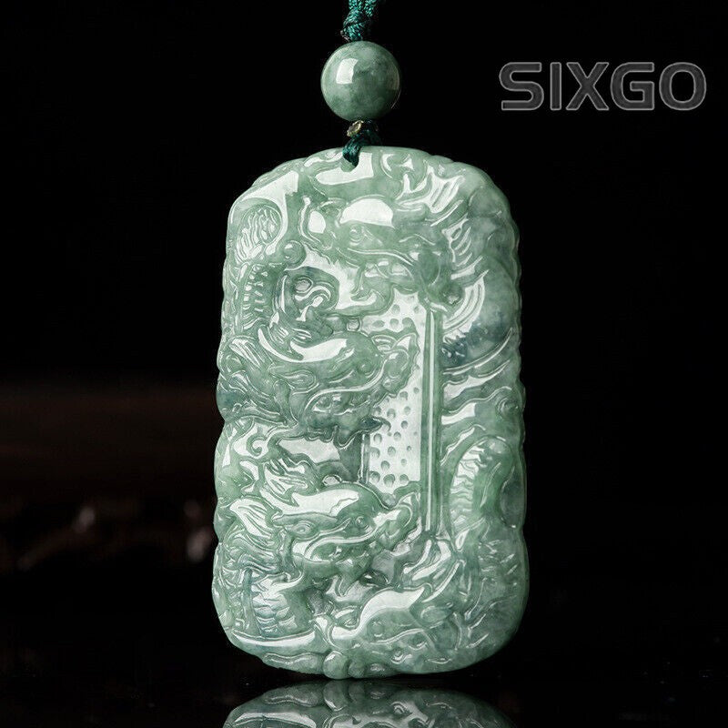 Fine Grade A Natural Green Jade Jadeite Engraved Nine Dragon Oblong Pendant