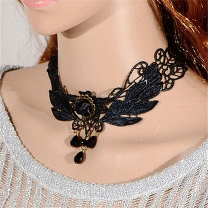 Women's Black Rose Teardrop Bead Pendant Lace Choker Lolita Collar NecklacY;US