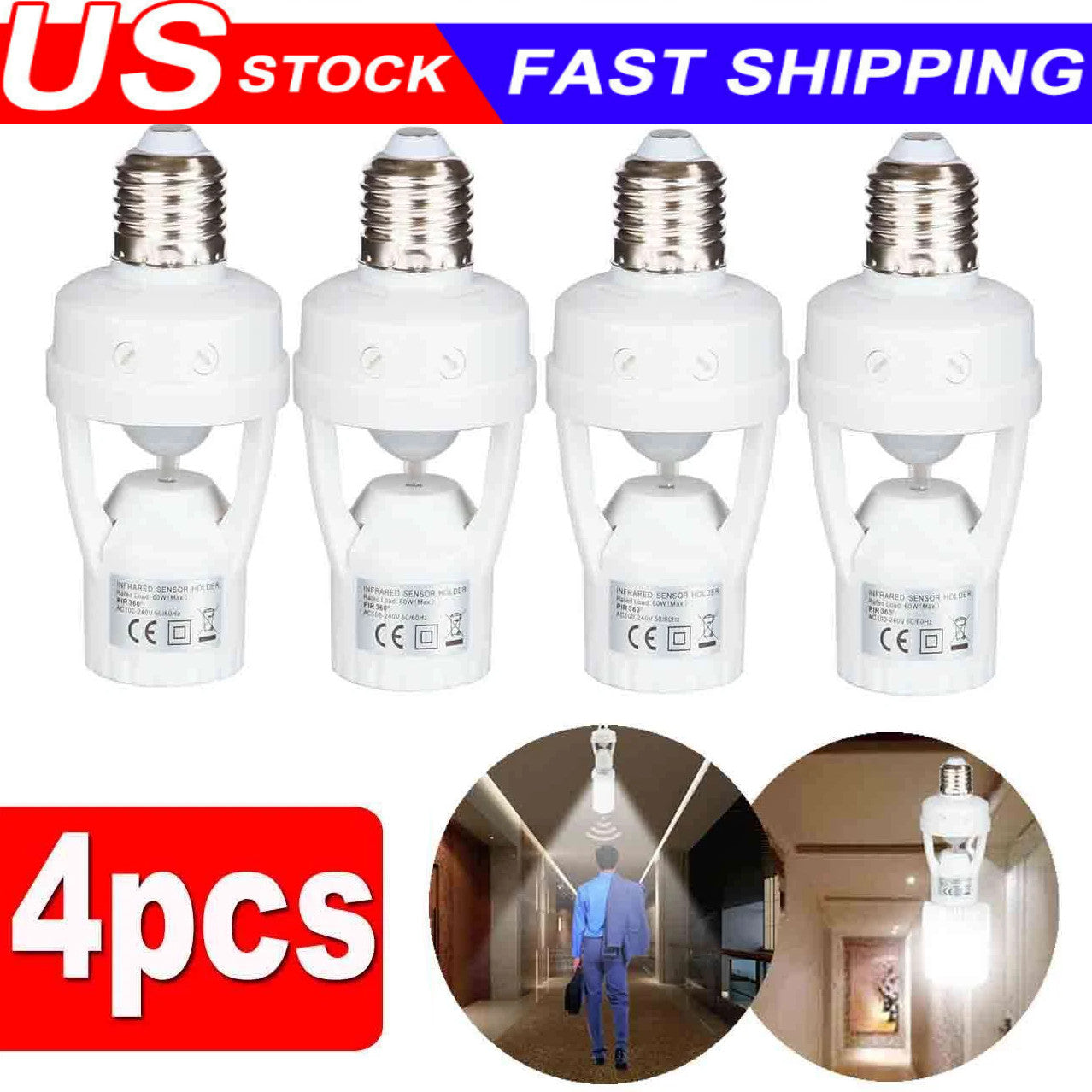 4 Pack E27 LED Light Lamp Bulb Holder Socket Switch Infrared PIR Motion Sensor