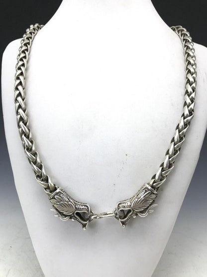 Old Chinese Tibet silver handmade double Dragon head necklace