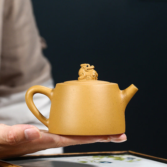 5"Chinese Yixing Zisha Pottery Gold Section Clay 220ML Auspicious Beast Teapot