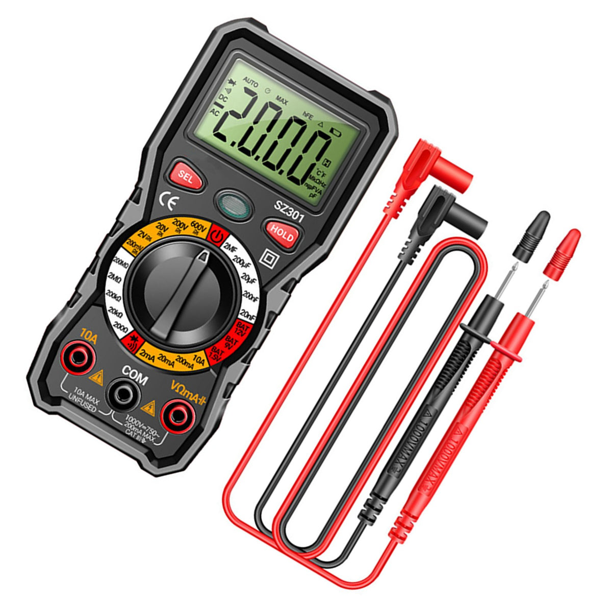 Versatile Digital Multimeter w Test Leads Measures Volt Amp Ohm Capacitance