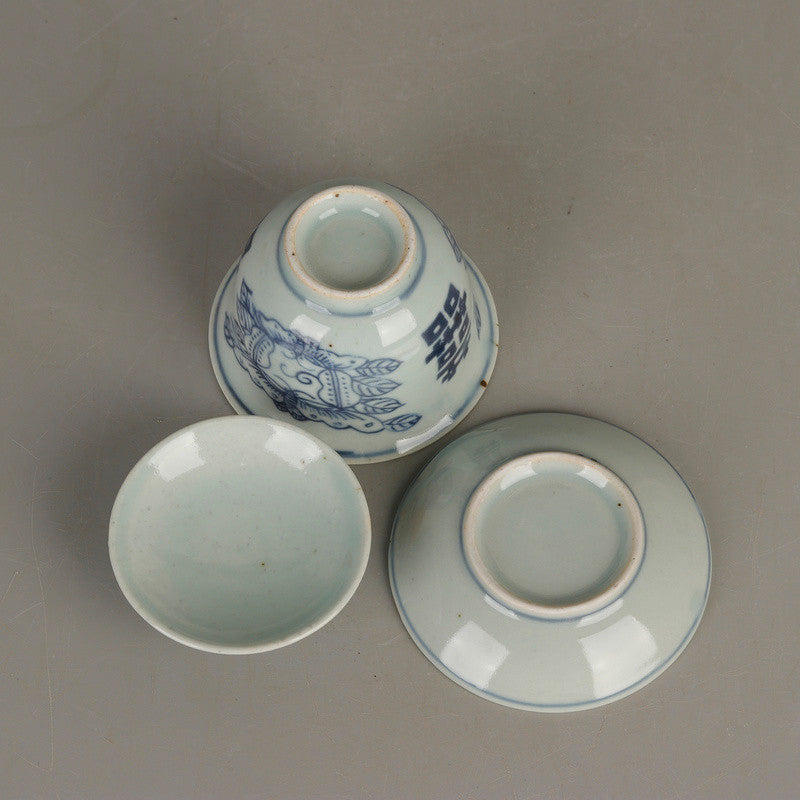 Ming Dynasty Blue and White Butterfly Double Happiness Pattern Cover Bowl Teacup