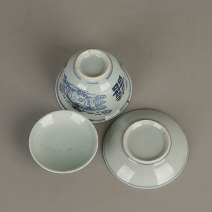 Ming Dynasty Blue and White Butterfly Double Happiness Pattern Cover Bowl Teacup