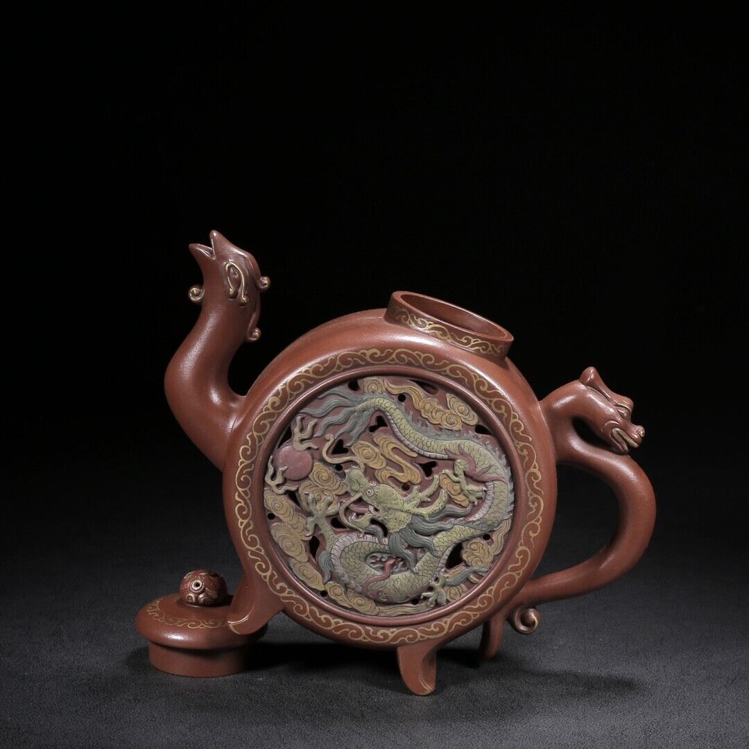 Chinese Yixing Zisha Clay Handmade Exquisite Teapot （龙凤呈祥（描金） 底款：陈鸣远）