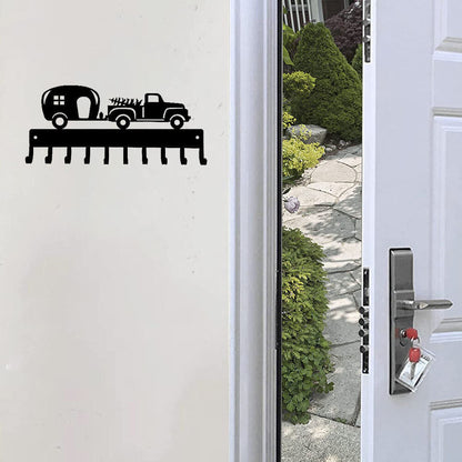 Vintage Pick Up, Camper & Tree - Key Rack Hanger - 14.5 inch Wide Metal Wall Art